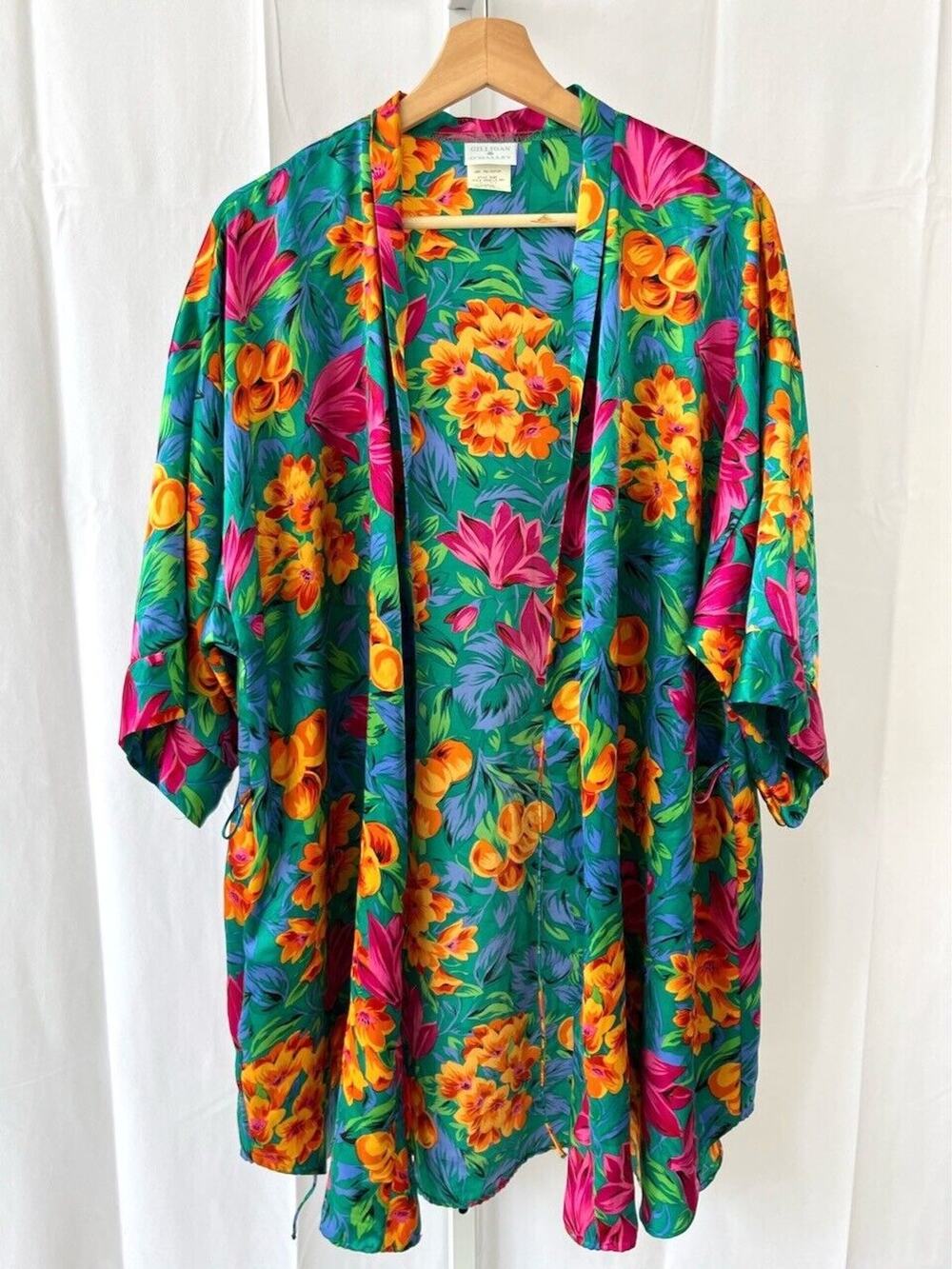 VTG GILLIGAN O'MALLEY Floral Satin Kimono Short Robe Open Front Multi L 16 18